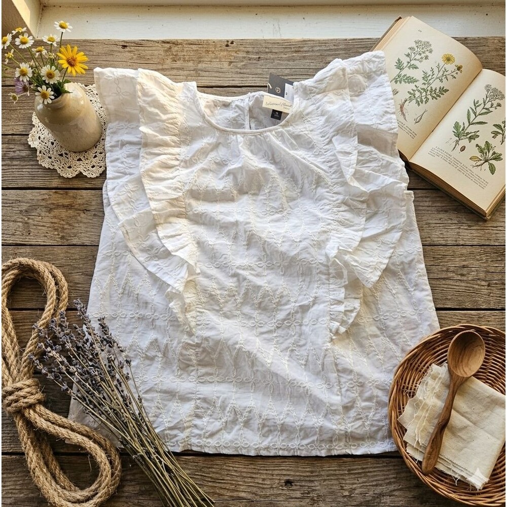 Womens M White Embroidered Ruffle Blouse Cottagecore Boho Coquette Whimsy Summer